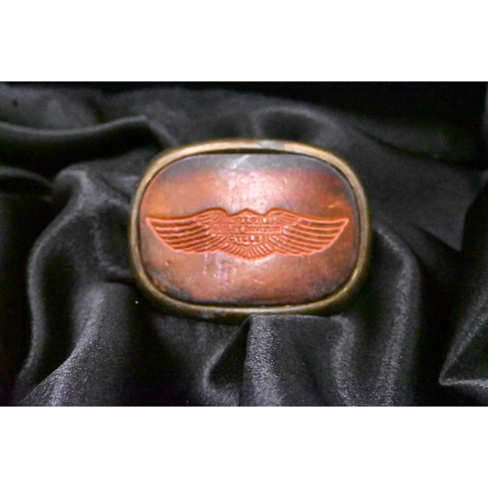 Vintage Harley Davidson Leather Inlay Belt Buckle Wing Logo Brass Tone